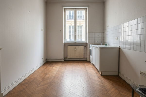 APRÈS débarras - Studio Paris 18ème vide et lumineux, sol nettoyé, fenêtre dégagée laissant entrer la lumière, kitchenette visible, prêt à louer