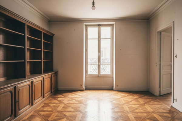 APRÈS débarras - Même salon T3 Paris 11ème entièrement vide et nettoyé, parquet ciré apparent, murs blancs, lumière naturelle, prêt pour nouvelle location