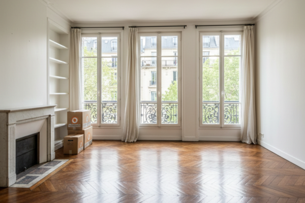 APRÈS débarras - T4 haussmannien Paris 16ème entièrement vide révélant parquet point de Hongrie, moulures au plafond, cheminée en marbre blanc, boiseries