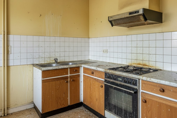 Cuisine d'appartement Paris avant remise en état - murs jaunis, graisses, joints noirs