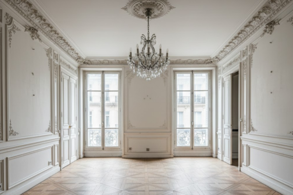 Salon appartement haussmannien Paris après remise en état - murs blancs lumineux, parquet brillant