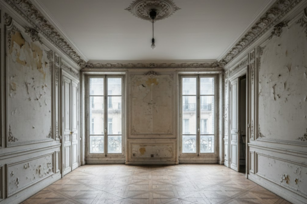 Salon appartement haussmannien Paris avant remise en état - murs défraîchis, traces, parquet terne