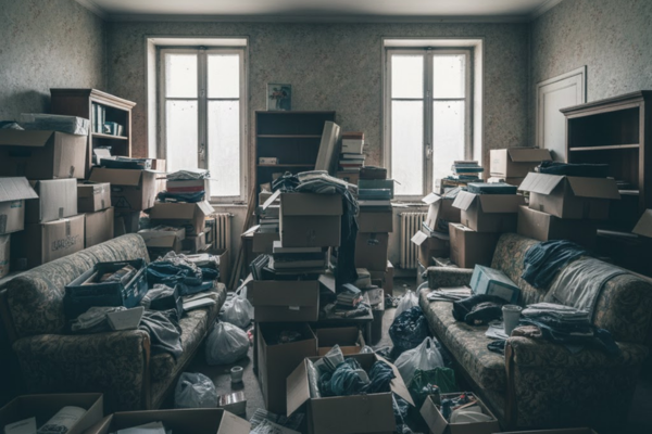 Avant débarras - Maison 100m² Hauts-de-Seine très encombrée - salon rempli de meubles cartons