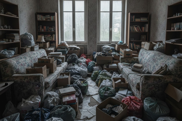 Avant débarras - studio 50m² Hauts-de-Seine très encombré - salon rempli de meubles cartons