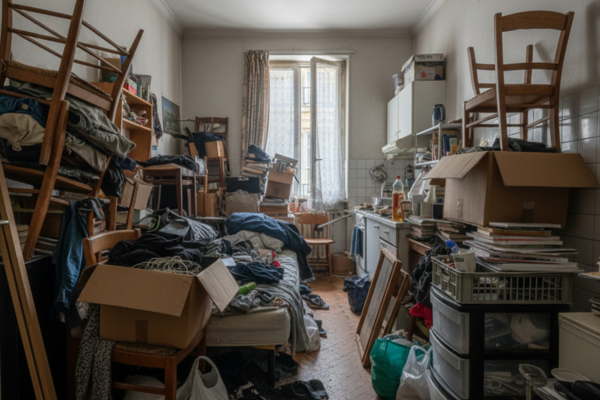 AVANT débarras - Studio Paris 18ème Montmartre 22m² complètement saturé d'objets, lit invisible sous les affaires, accès difficile, meubles empilés