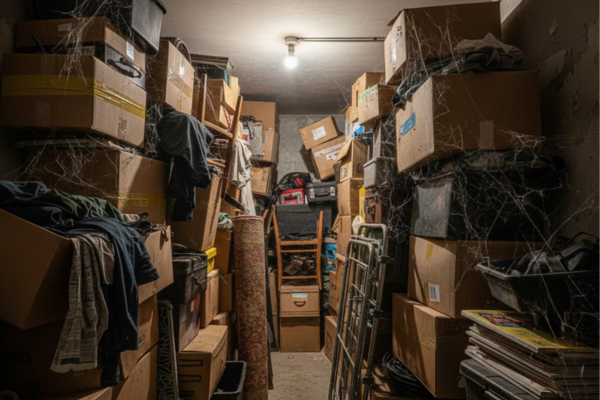 Cave encombrée avant débarras Paris 10ème - cartons et meubles empilés du sol au plafond
