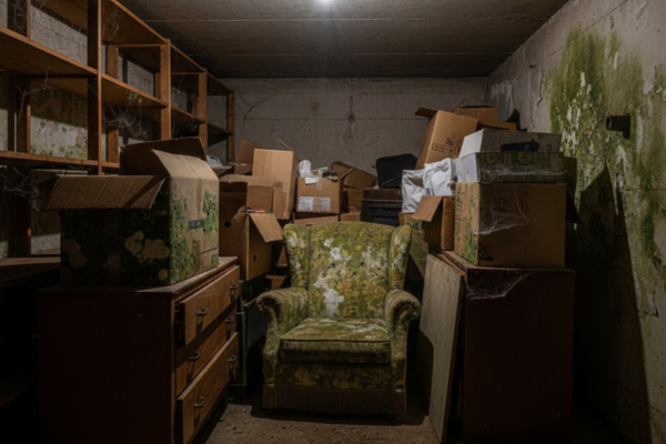 Cave humide encombrée avant débarras Boulogne-Billancourt - meubles moisissures et cartons