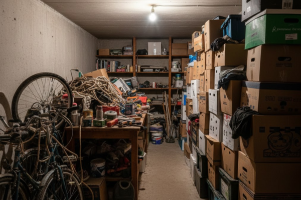 Sous-sol encombré maison avant débarras Vincennes - vélos, outils, caisses empilées