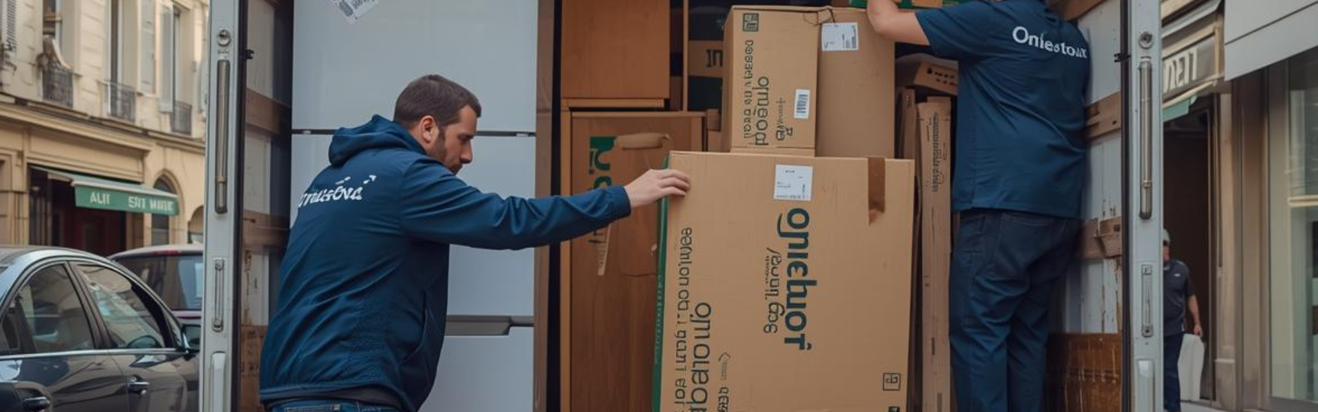 Équipe OnLeveTout chargeant gratuitement des meubles et électroménager de valeur dans un camion à Paris