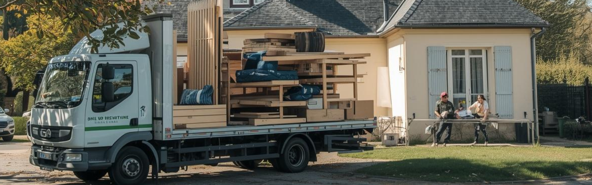 Équipe professionnelle OnLeveTout de 5 déménageurs effectuant le débarras complet d'une maison en Île-de-France - camion de débarras garé devant pavillon, évacuation meubles cave grenier garage jardin