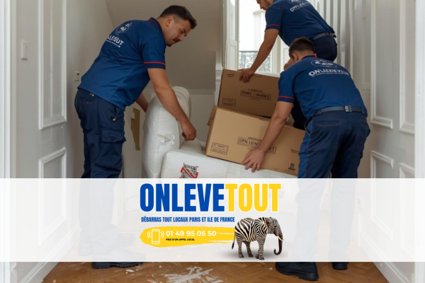 Équipe OnLeveTout de 3 professionnels en uniforme bleu vidant un appartement T3 parisien - évacuation canapé et cartons par escalier haussmannien avec protection des murs