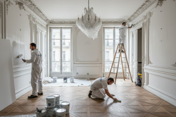 Notre équipe de remise en état appartement Paris Équipe OnLeveTout en action lors d'une remise en état d'appartement à Paris - peinture et nettoyage