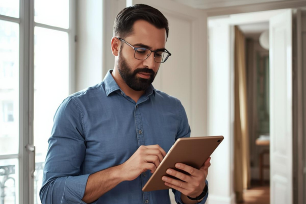 Étape 2 débarras appartement - Expert OnLeveTout en chemise bleue effectuant visite gratuite et estimation du volume dans appartement parisien avec tablette