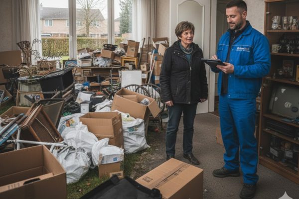 Étape 2 débarras maison - Expert OnLeveTout effectuant visite gratuite et estimation du volume dans maison avec tablette, propriétaire présent