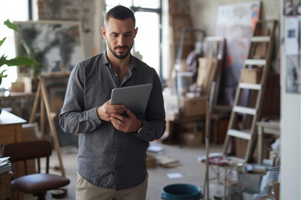 Étape 2 débarras studio - Expert OnLeveTout effectuant visite gratuite et estimation du volume dans studio avec tablette, propriétaire présent