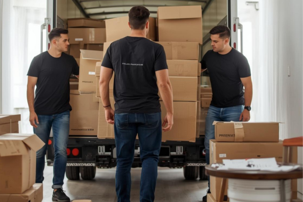 Étape 3 débarras appartement - Équipe OnLeveTout de 3 professionnels en action vidant intégralement l'appartement, portant meubles et cartons vers camion