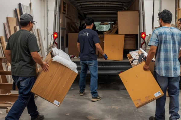 Étape 3 débarras studio - Équipe OnLeveTout de 5 professionnels en action vidant intégralement studio, portant meubles vers camion, cave grenier garage jardin