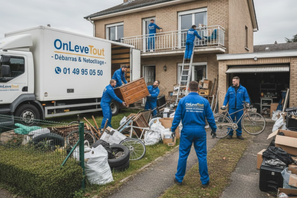 Étape 3 débarras maison - Équipe OnLeveTout de 5 professionnels en action vidant intégralement maison, portant meubles vers camion, cave grenier garage jardin