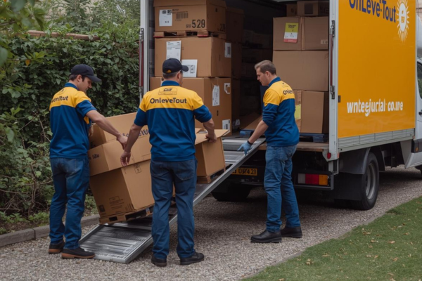 Équipe OnLeveTout de 4 professionnels en uniforme bleu vidant une maison en Île-de-France - évacuation meubles et cartons par camion devant pavillon avec jardin