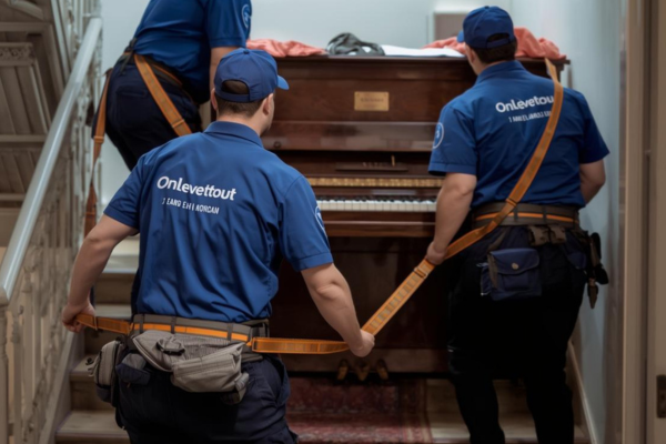 Notre équipe spécialisée dans l'enlèvement de piano à Paris Équipe OnLeveTout de 3 professionnels en uniforme bleu transportant un piano droit Yamaha dans un escalier parisien avec sangles de sécurité et couvertures de protection