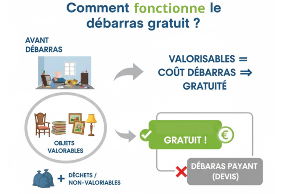 Infographie expliquant le principe du débarras gratuit - objets valorisables = gratuité