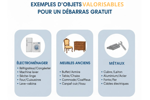 Exemples d'objets valorisables permettant un débarras gratuit : électroménager, meubles anciens, métaux