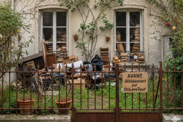 Petite maison de ville 60m² à Paris avant débarras OnLeveTout - façade avec petit jardin, encombrement visible par les fenêtres
