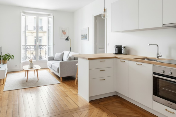 Remise en état T2 Paris - Appartement comme neuf Appartement T2 parisien après remise en état - salon séjour lumineux, cuisine propre, parquet rénové