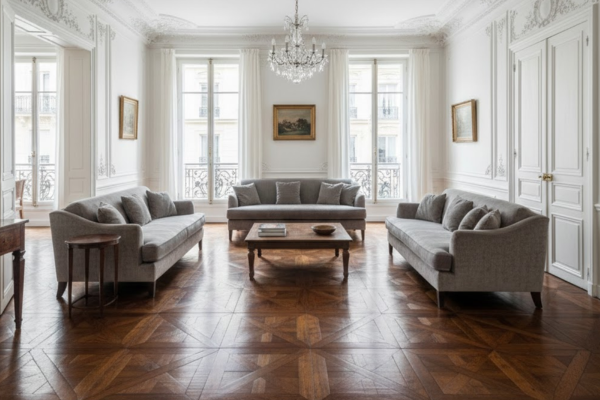 Remise en état T4 T5 haussmannien Paris - Prestige retrouvé Grand appartement T4 haussmannien après remise en état - parquet massif ciré, moulures restaurées, peinture fraîche