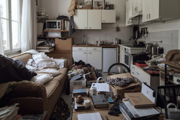 Studio 25m² à Paris avant intervention débarras - salon avec coin cuisine encombré